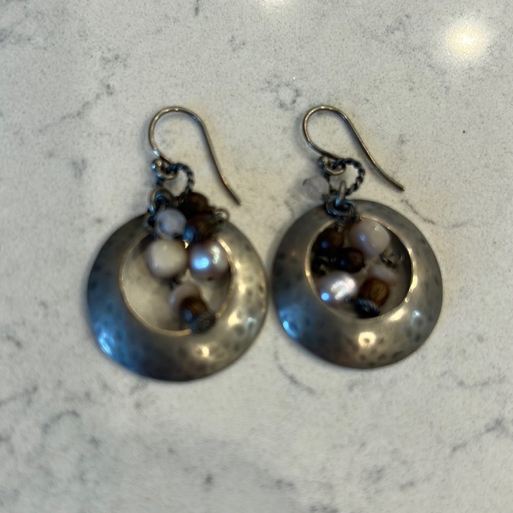 Silpada silver hammered rose quartz, pearl & wood hoop earrings